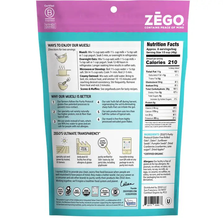 ZEGO Organic Gluten-Free Nut-Free Muesli: Apple Cranberry