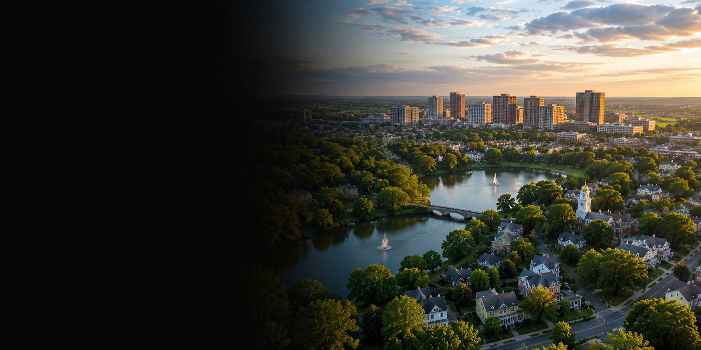 Cityscape with a lake and greenery during sunset