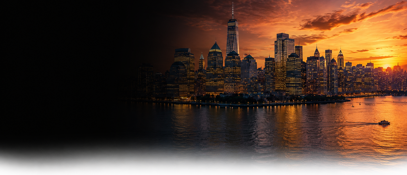 Manhattan City skyline at sunset with reflections on water