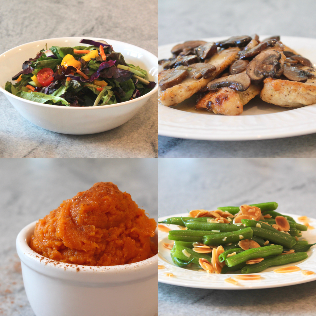 Pictured: House Mesclun Salad, Boneless Chicken Marsala with Wild Mushrooms, Sweet Mashed Potatoes with Organic Maple Syrup & Madagascar Cinnamon and Green Bean Almondine.