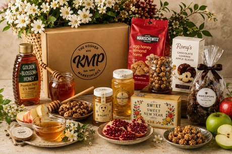 Curated collection of Rosh Hashanah specialty honeys, sweets, and holiday treats from The KMP