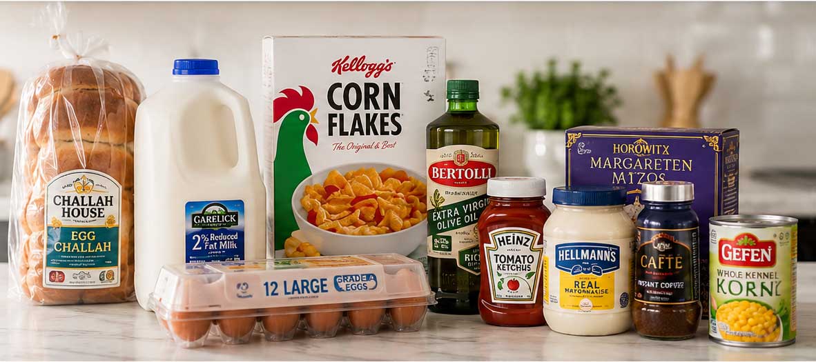 Everyday groceries lik milk, cereal, bread, condiments, canned goods sitting on kitchen counter