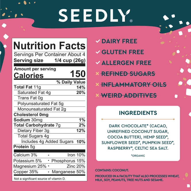 Seedly, Raspberry Bliss, Dark Chocolate Bark, 3.6 oz.