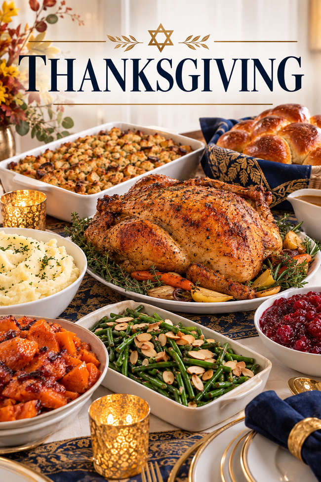 A festive Thanksgiving table setting with a roasted whole turkey in the center, surrounded by stuffing, mashed potatoes, green beans, sweet potatoes, cranberry sauce, and braided bread. The word 'THANKSGIVING' appears across the top with a Star of David and decorative flourishes.