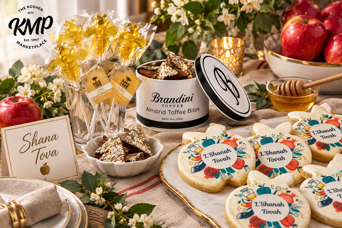 Curated collection of Rosh Hashanah specialty honeys, sweets, and holiday treats from The KMP