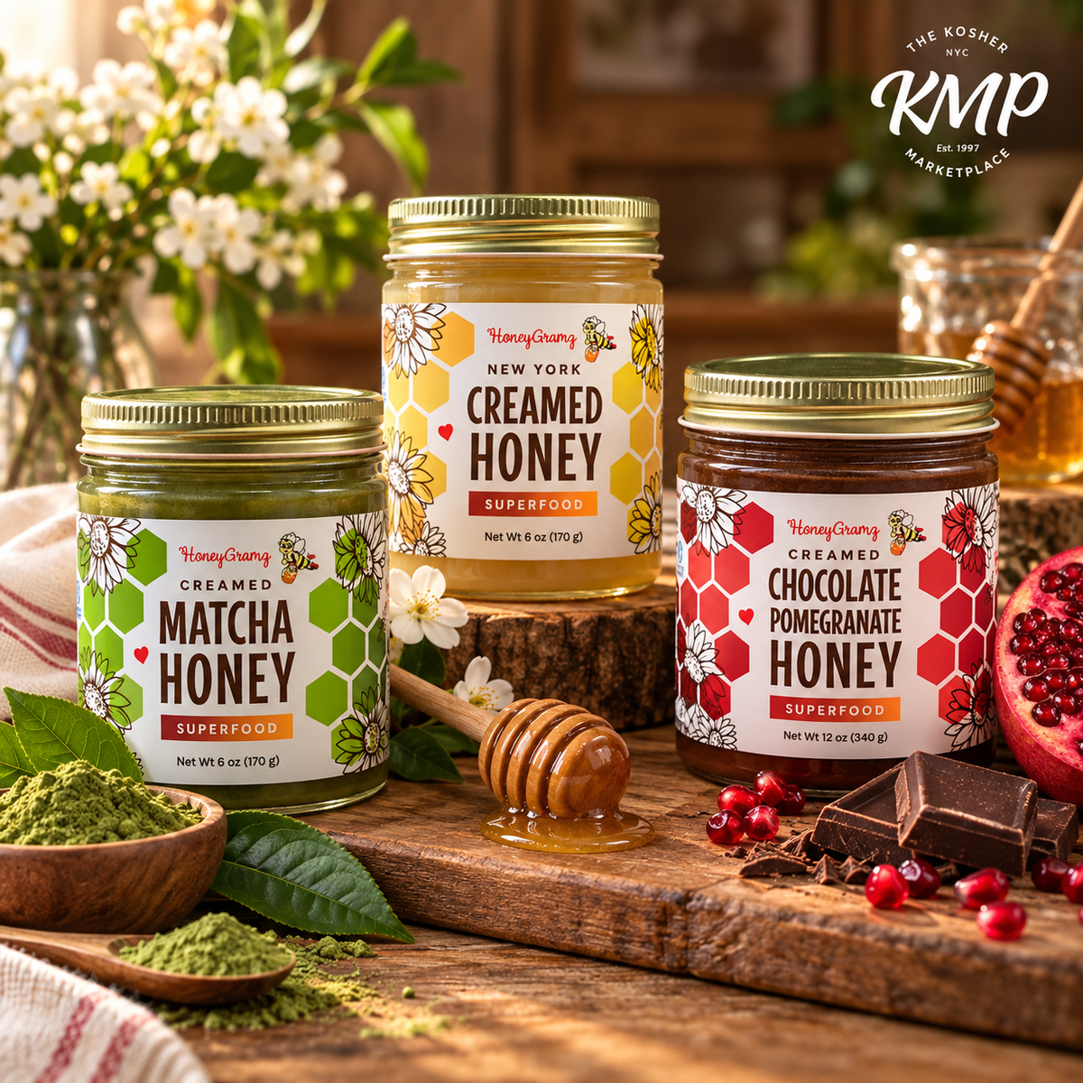 Assortment of HoneyGramz specialty honeys for apples and honey at Rosh Hashanah