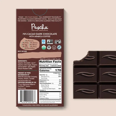 Pascha - 70% Cacao Organic Vegan Dark Chocolate Bar with Coffee