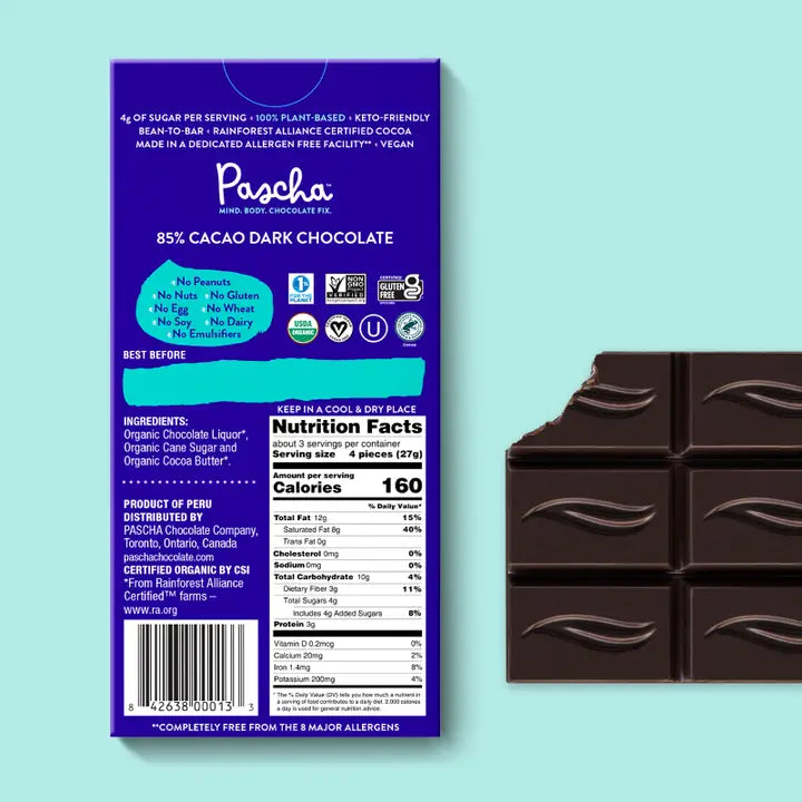 Pascha - 85% Cacao Organic Vegan Dark Chocolate Bar