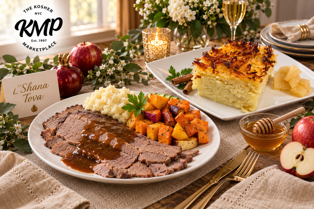 Sliced brisket with gravy and traditional kugel prepared for Rosh Hashanah at The KMP