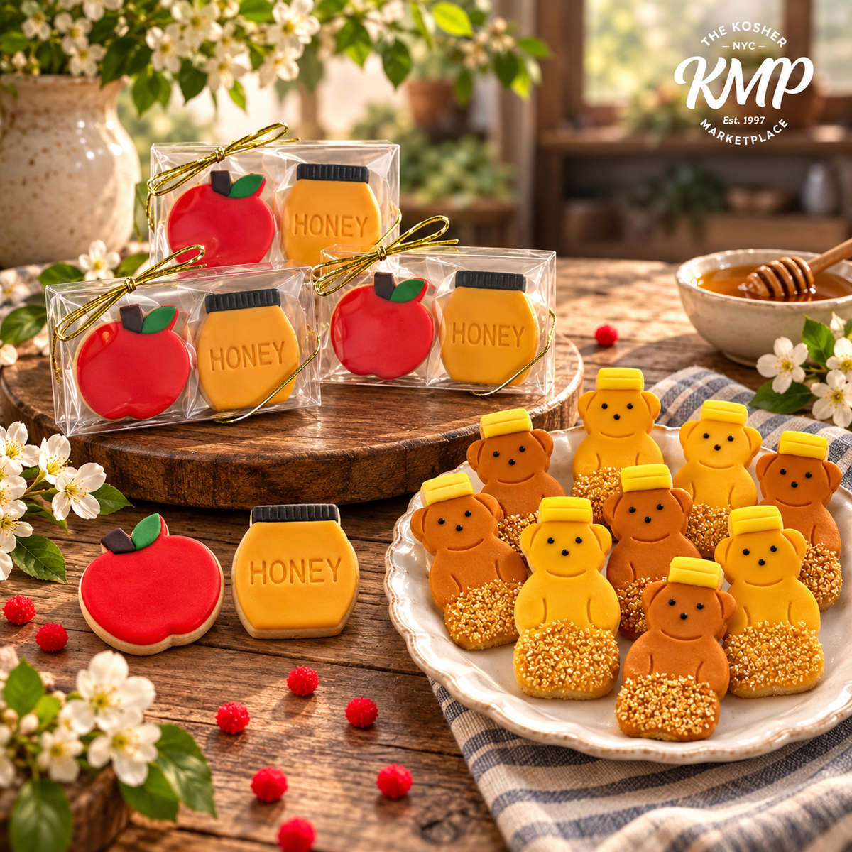 Marzipops Rosh Hashanah honey bears, apples and honey candy, and Shana Tova apple place cards