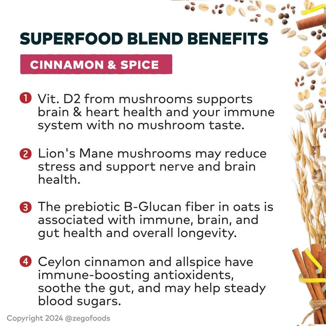 ZEGO Organic Oatmeal Superfood Blend: Cinnamon & Spice