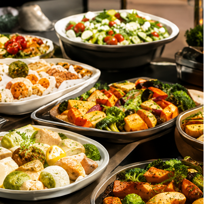 Assorted dishes of roasted vegetables and salads on a wooden table.