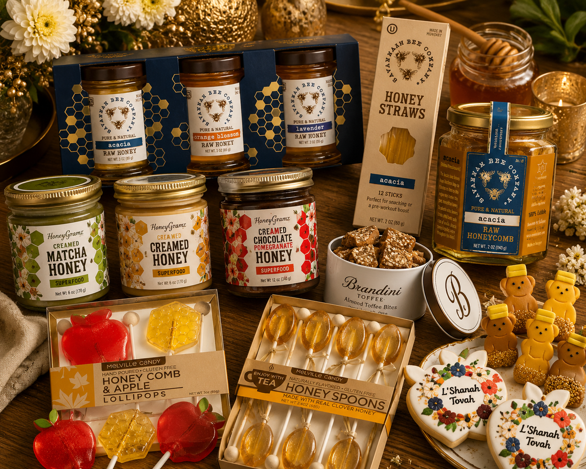 Elegant Rosh Hashanah table setting with apples, artisanal honey, and specialty holiday sweets