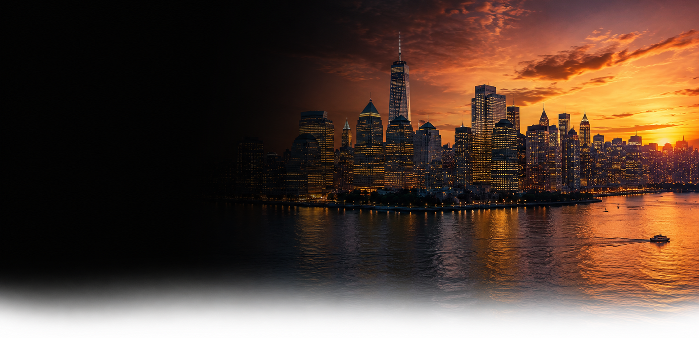 Manhattan City skyline at sunset with reflections on water