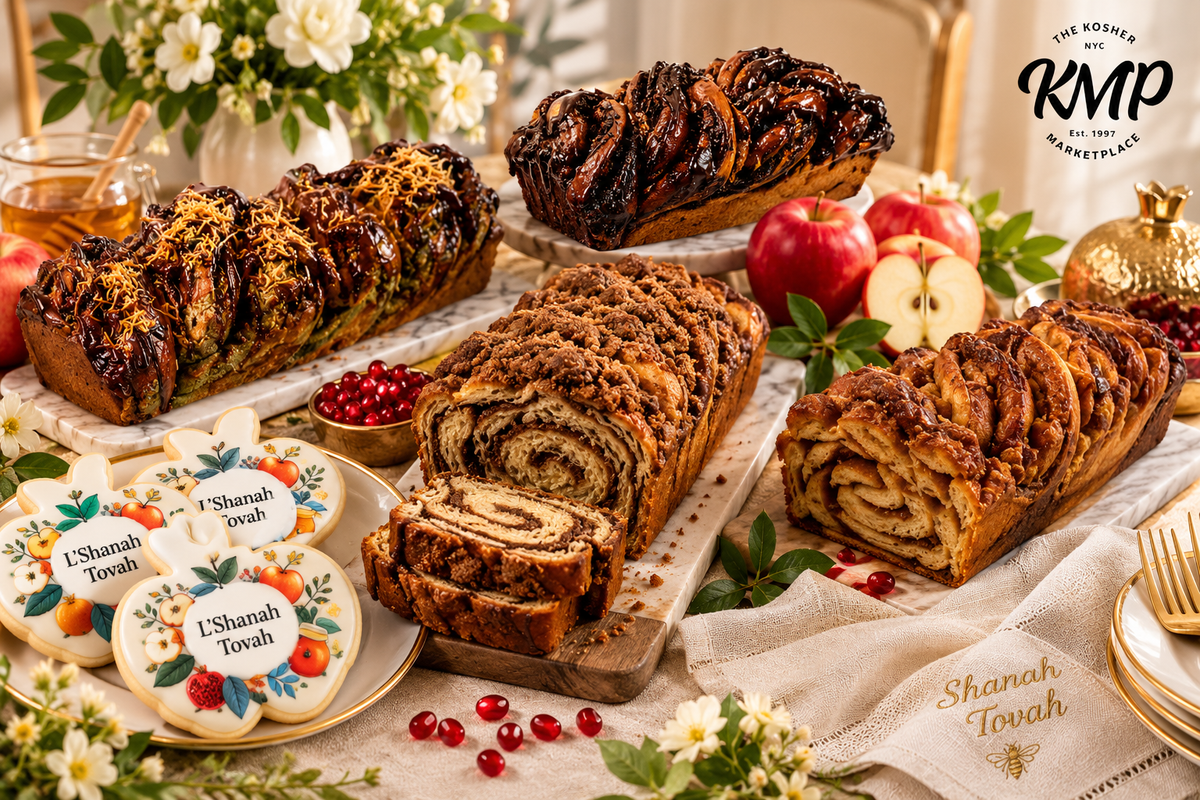 Elegant Rosh Hashanah dessert table with honey cake, Teiglach, specialty babka, and festive apple cookies