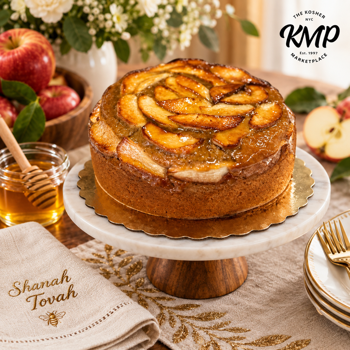 Round Caramel Apple Honey Cake with Granny Smith apples, warm spices, and honey for Rosh Hashanah]