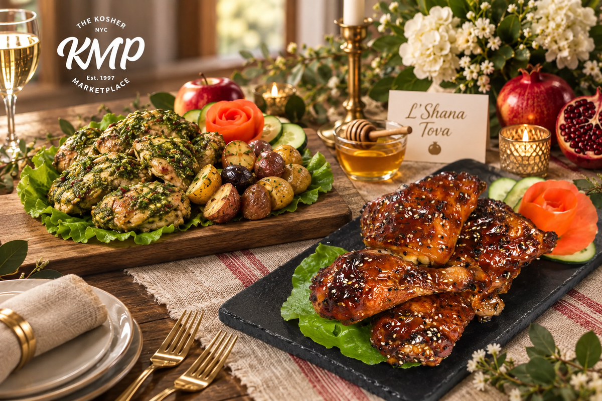 Contemporary Rosh Hashanah prepared dishes including glazed chicken, salmon, cauliflower, and basmati pilaf