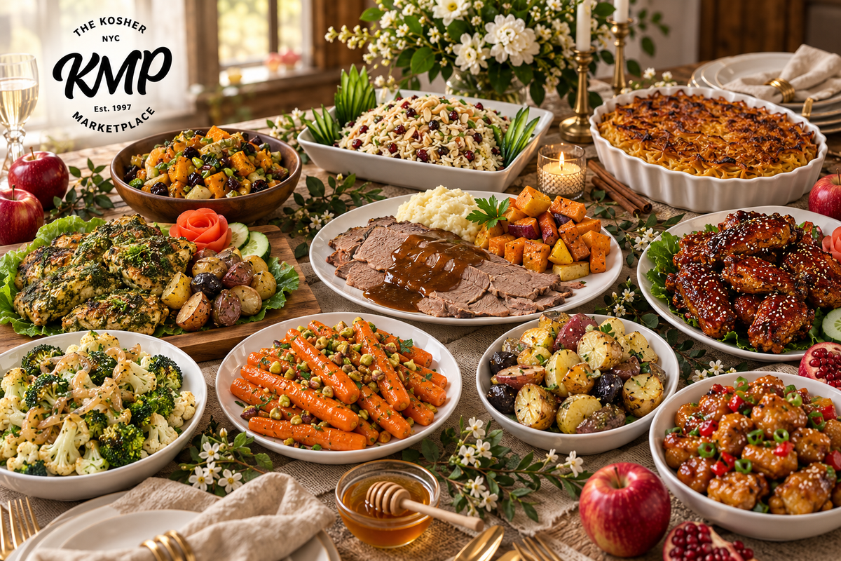 Elegant Rosh Hashanah table featuring an assortment of chef-prepared holiday dishes from The KMP