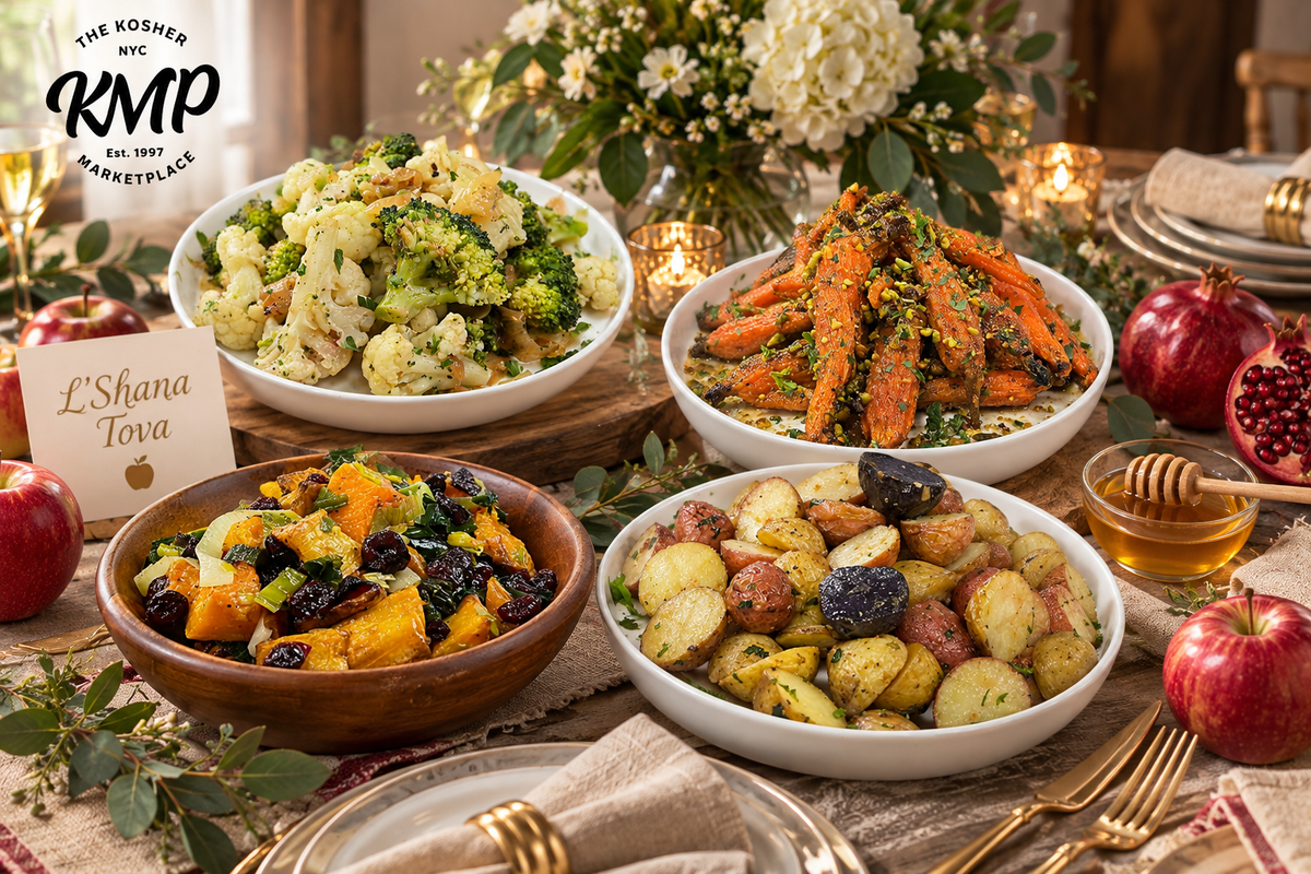 Colorful assortment of gourmet kosher vegetable and side dishes for a Rosh Hashanah meal
