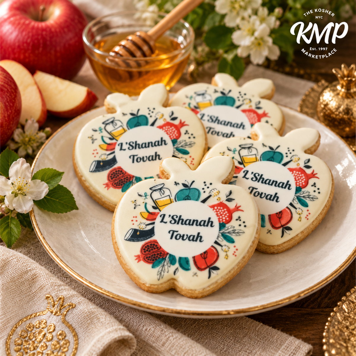 Festive apple-shaped sugar cookie with colorful frosting and a L’Shanah Tovah message