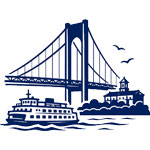 Navy blue silhouette of a bridge and boats on a white background