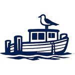 Navy blue boat with a seagull on top on a white background