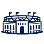 Stylized illustration of a stadium with flags on top
