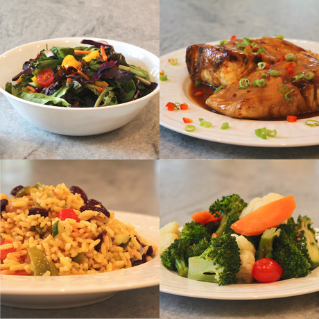 Pictured: House Mesclun Salad, Miso-Crusted "Drunken" Chilean Sea Bass, Saffron-Dusted Rice with Vegetables & Red Beans and Farmstand Vegetable Medley.