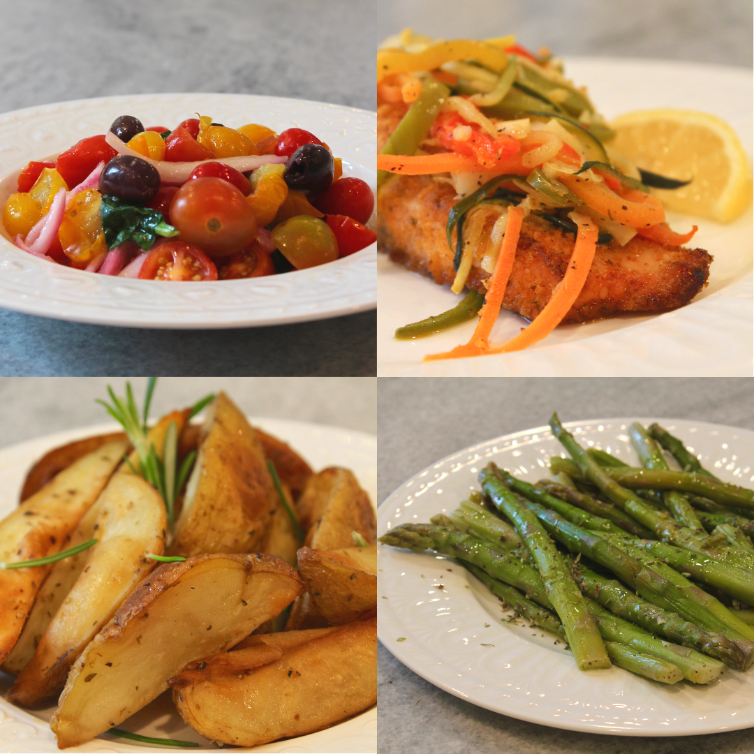 Pictured: Chef Ken's Baby Tricolor Heirloom Tomato Salad with Aged Balsamic Dressing & Kalamata Olives, Crispy California Salmon with Tricolor Confetti Vegetables, Roasted Rosemary Potatoes with Organic Garlic-Infused Olive Oil and Grilled Asparagus with Herb-Scented Organic Olive Oil. 