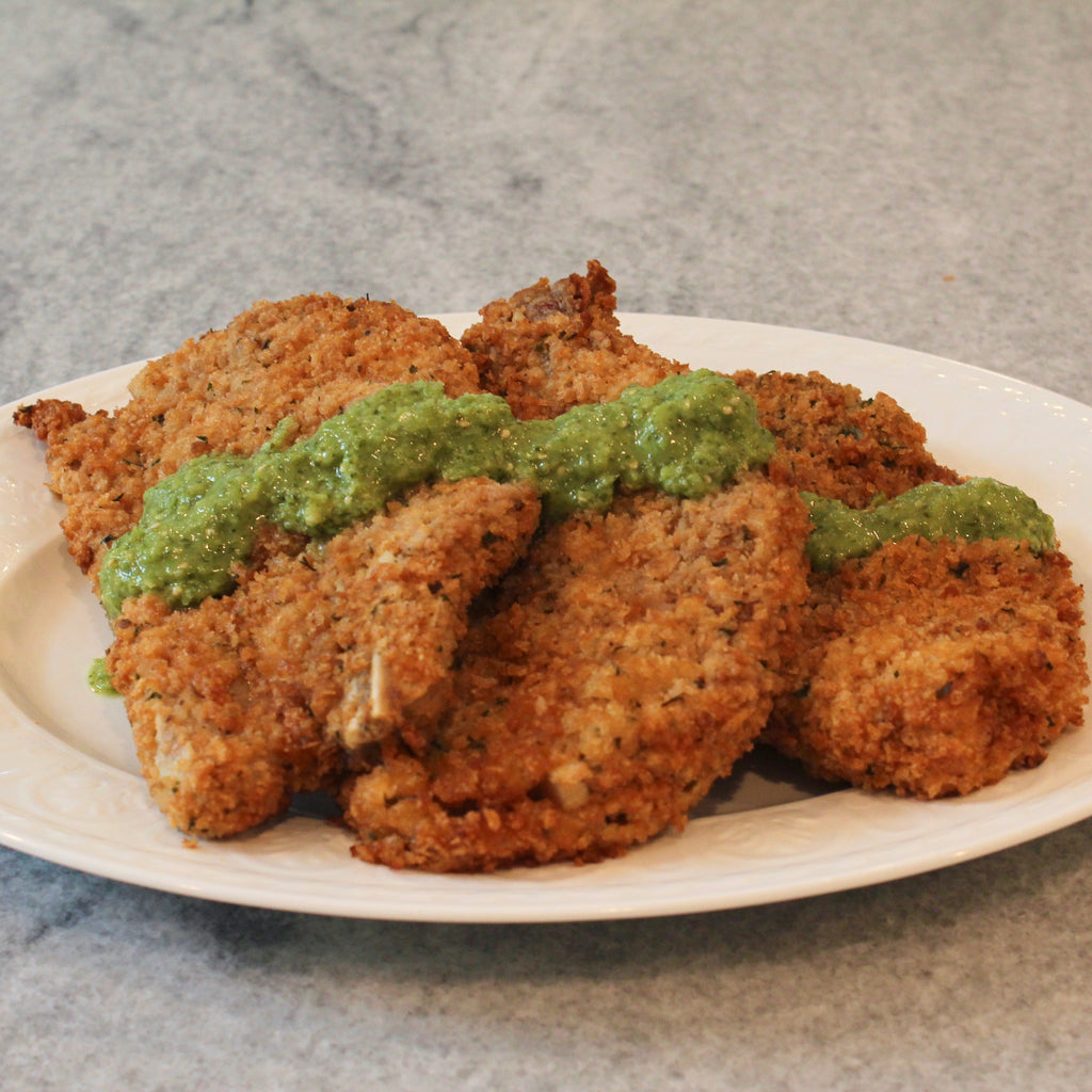 Creole-Crusted Veal Chops with Green Tomatillo Salsa