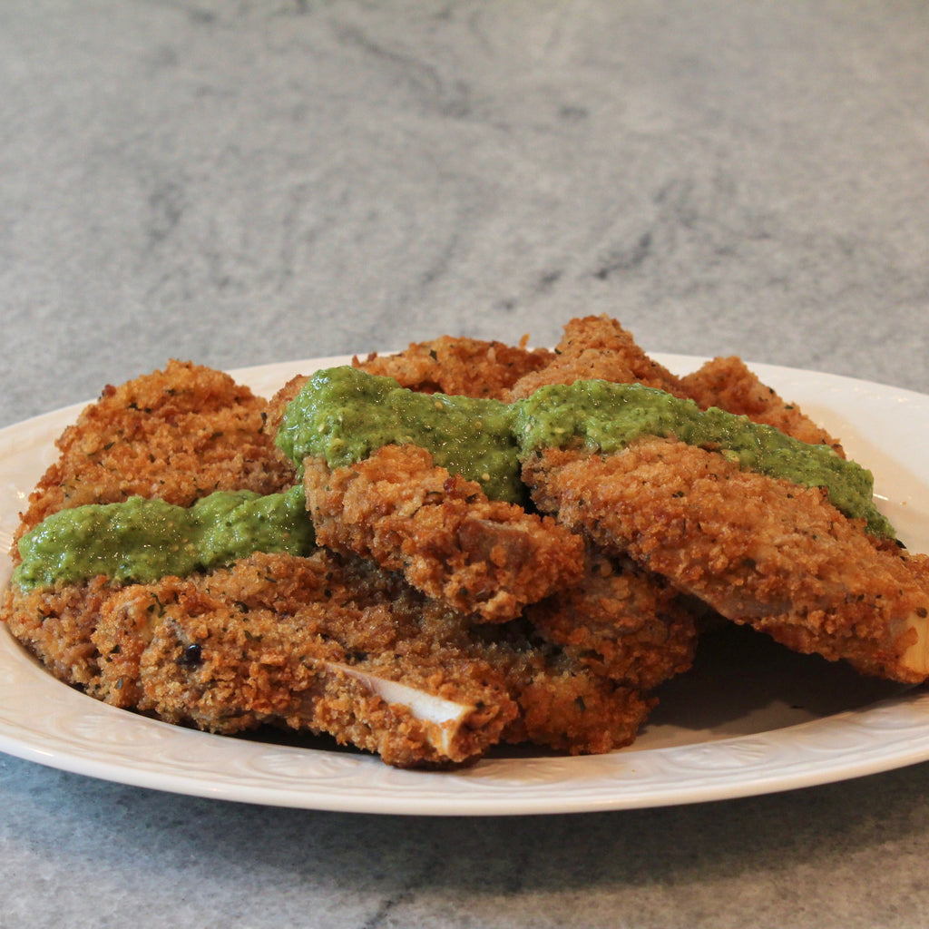 KFP Creole-Crusted Veal Chops with Green Tomatillo Salsa