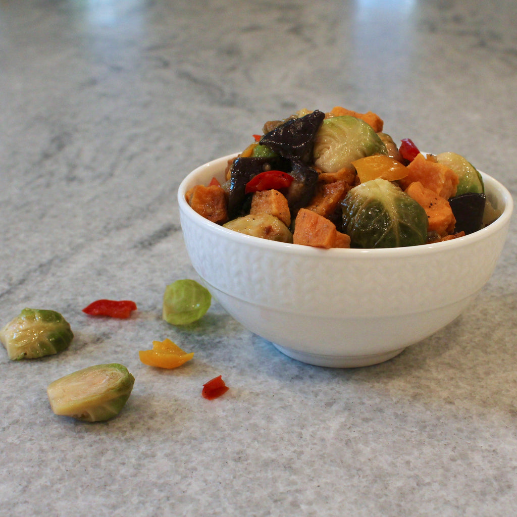 Sautéed Brussels Sprouts with Bell Peppers, Eggplant & Sweet Potatoes