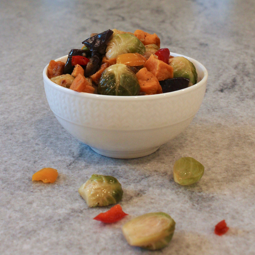 Sautéed Brussels Sprouts with Bell Peppers, Eggplant & Sweet Potatoes