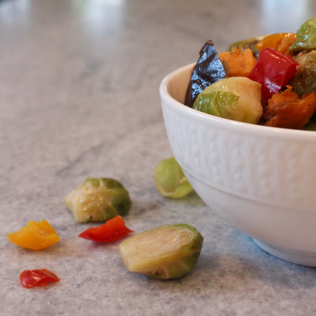 Sautéed Brussels Sprouts with Bell Peppers, Eggplant & Sweet Potatoes